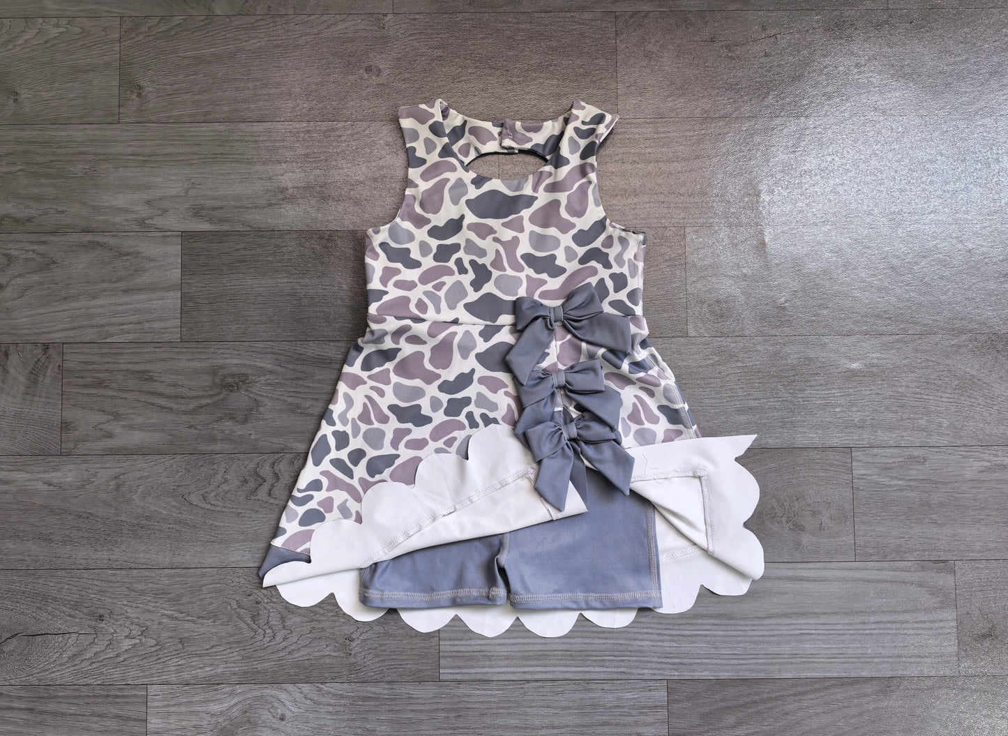 GSD4226 Sample No Moq Baby Girls Southern Light Grey Camo Yoga Active Short Scallop Knee Length Dress