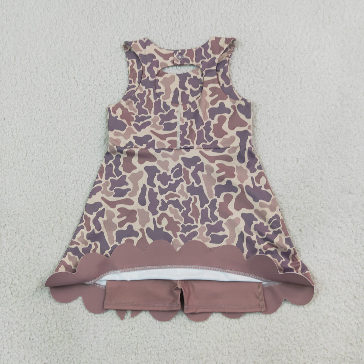 RTS NO MOQ (In stock)yoga fabric GSD4227 Baby Girls Sleeveless Khaki Camo Yoga Active Short Scallop Bows Knee Length Dress