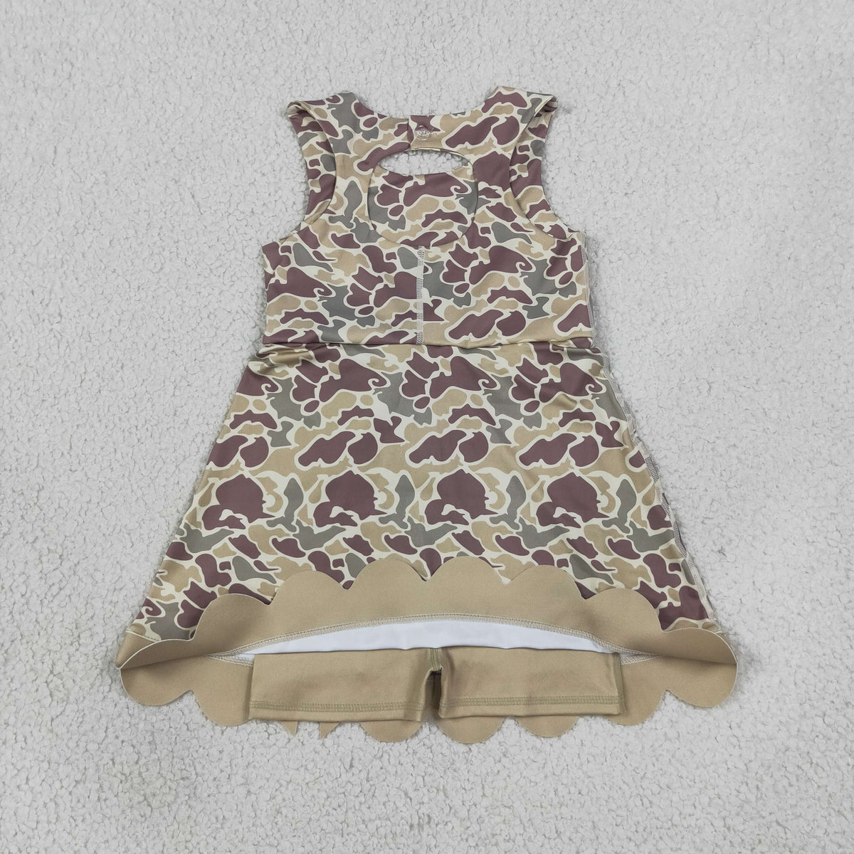 RTS NO MOQ (In stock)yoga fabric GSD4228 Baby Girls Southern Khaki Camo Yoga Active Short Scallop Bows Knee Length Dress