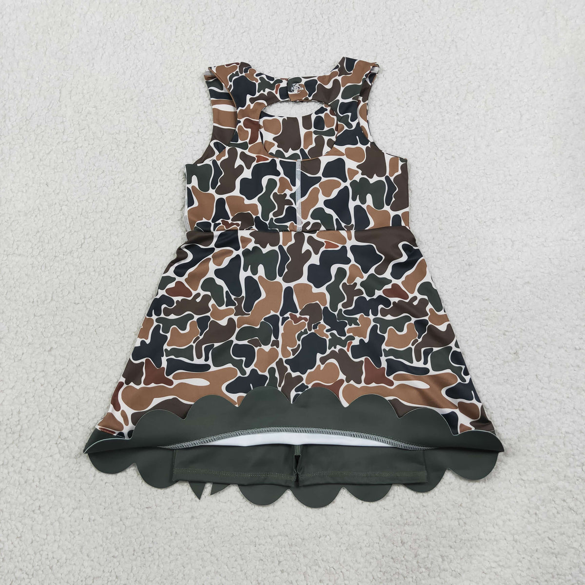 RTS NO MOQ (In stock) yoga fabric GSD4229 Baby Girls Dark Brown Camo Scallop Knee Length Yoga Dress