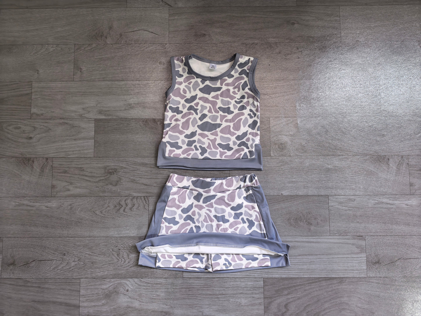 GSD4230 Sample No Moq Baby Girls Southern Light Grey Camo Vest Top Skirt Short Yoga Active Clothes Set