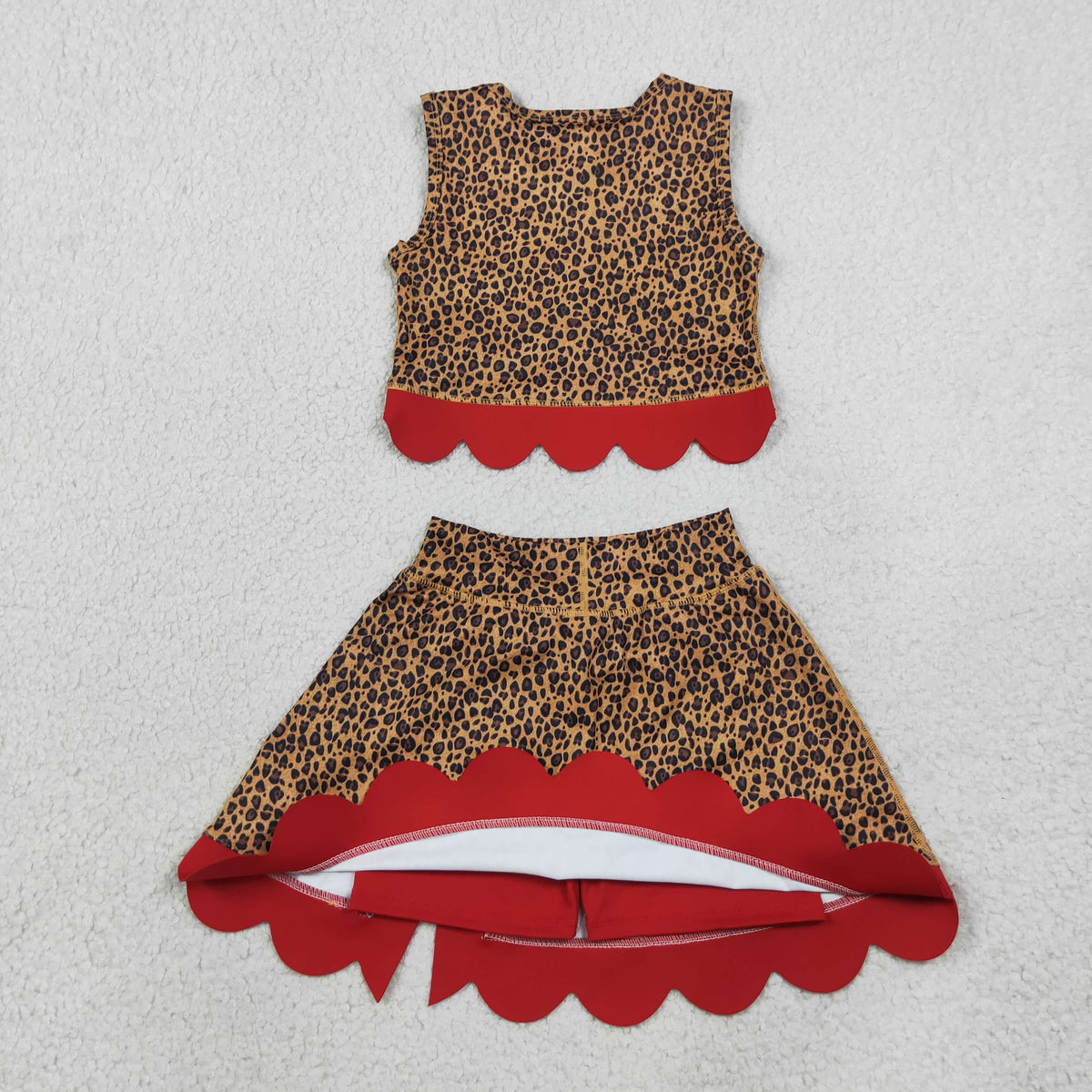 RTS NO MOQ (In stock) yoga fabric GSD4234 Yoga Baby Girls Leopard Print Bow Vest Top Matching Scallop Skort Yoga Set