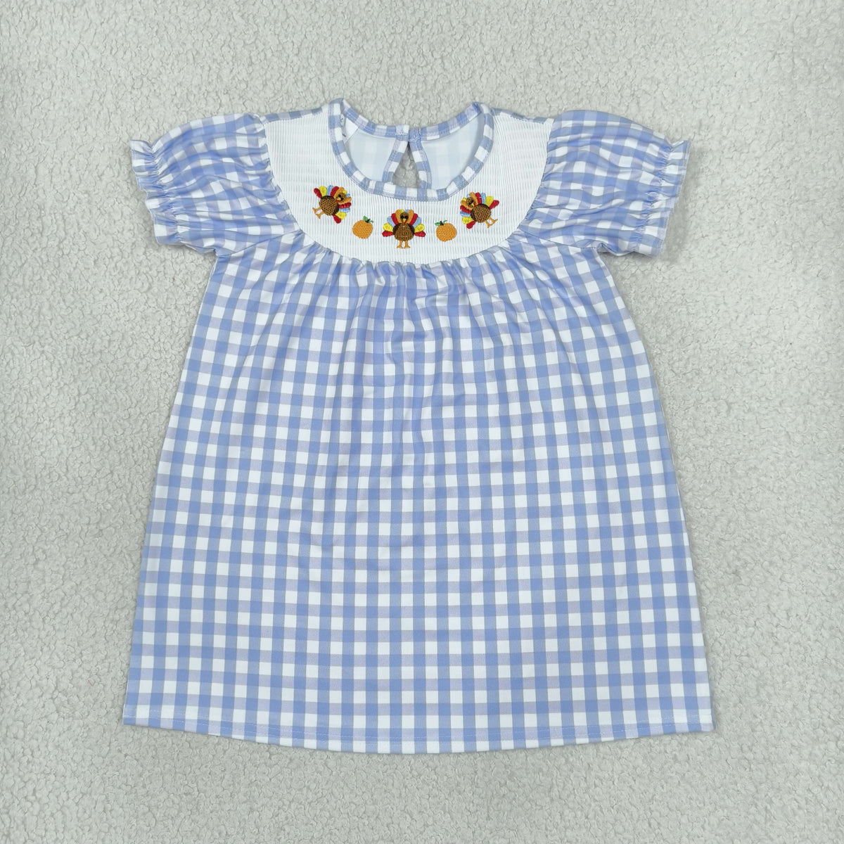 RTS NO MOQ (In stock)milk silk GSD4250 Smocked Baby Girls Short Ruffle Sleeve Turkey Thanksgiving Print Checked Knee Length Dress(3-6M-7-8T)