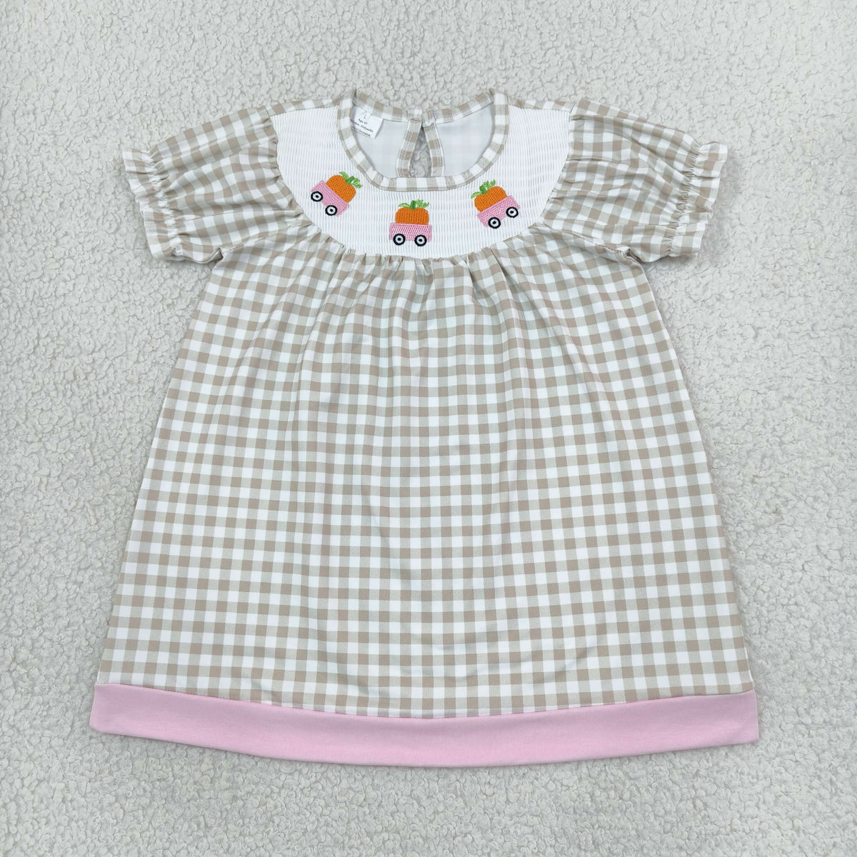 RTS NO MOQ (In stock)milk silk GSD4258 Smocked Pumpkins Trucks Baby Girls Khaki Checked Fall Knee Length Dresses