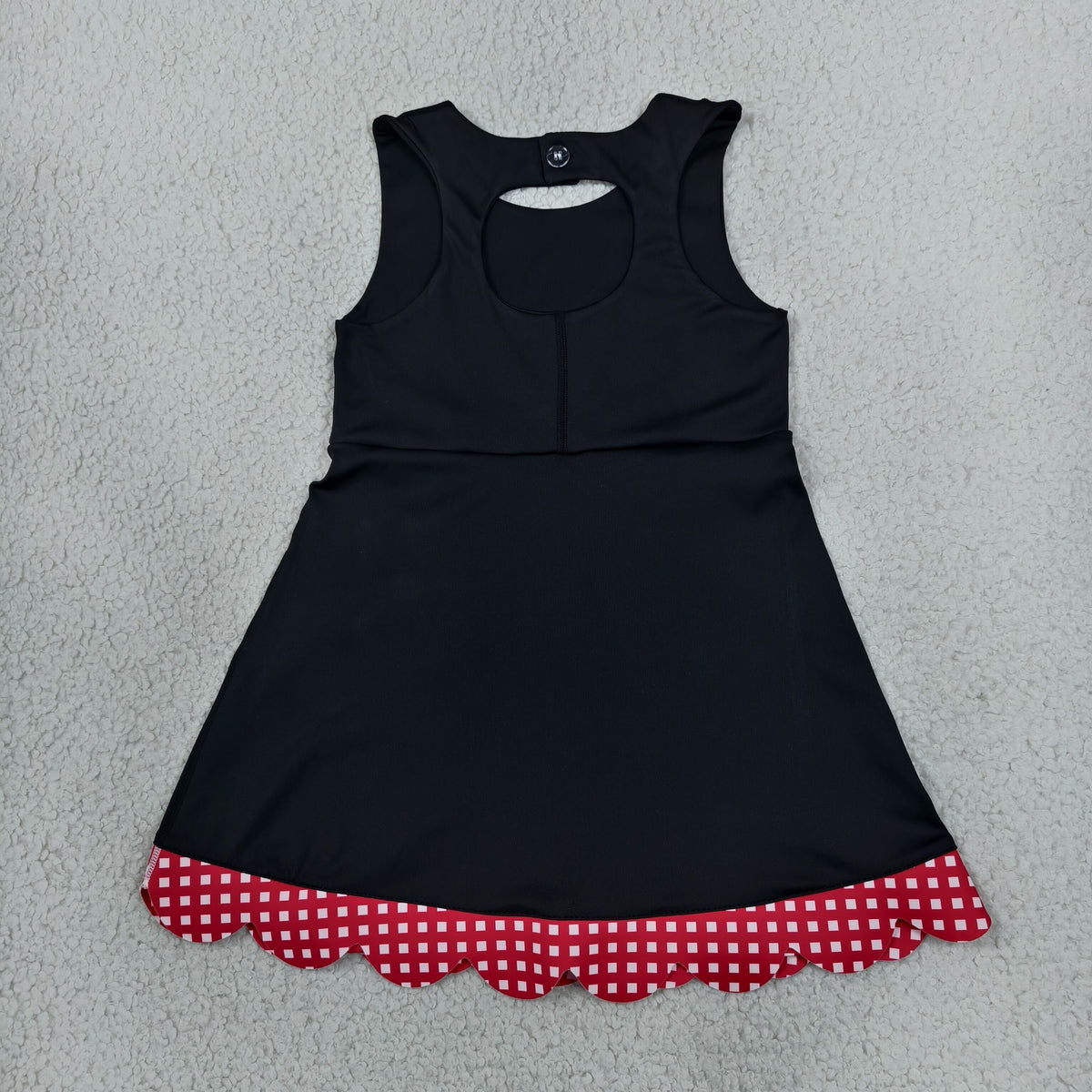 RTS NO MOQ (In stock)yoga fabric GSD4263 Yoga Baby Girls Black Red Scallop Trim Short Sleeve Knee Length Sport Dress