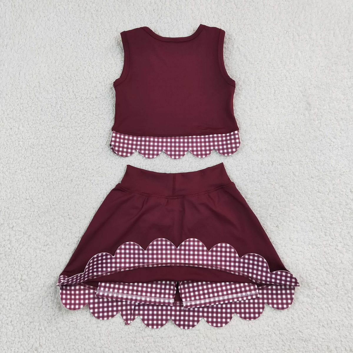 RTS NO MOQ (In stock)GSD4266 Yoga Sleeveless maroon plaid scallop girls summer active wear set