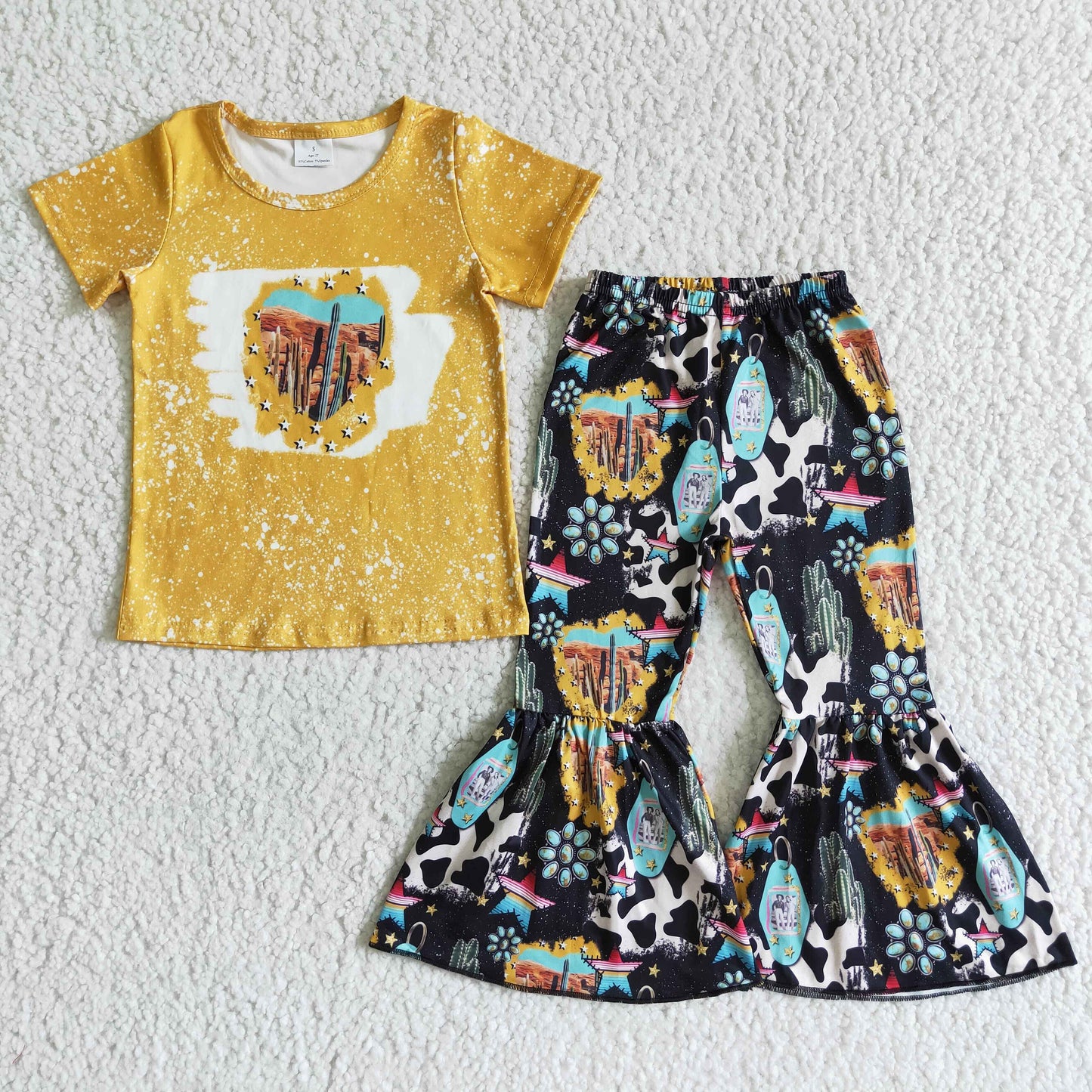 3.21 GSPO0025 RTS No Moq Clearance Baby Girls Summer short sleeve Yellow cactus bell pants clothing sets