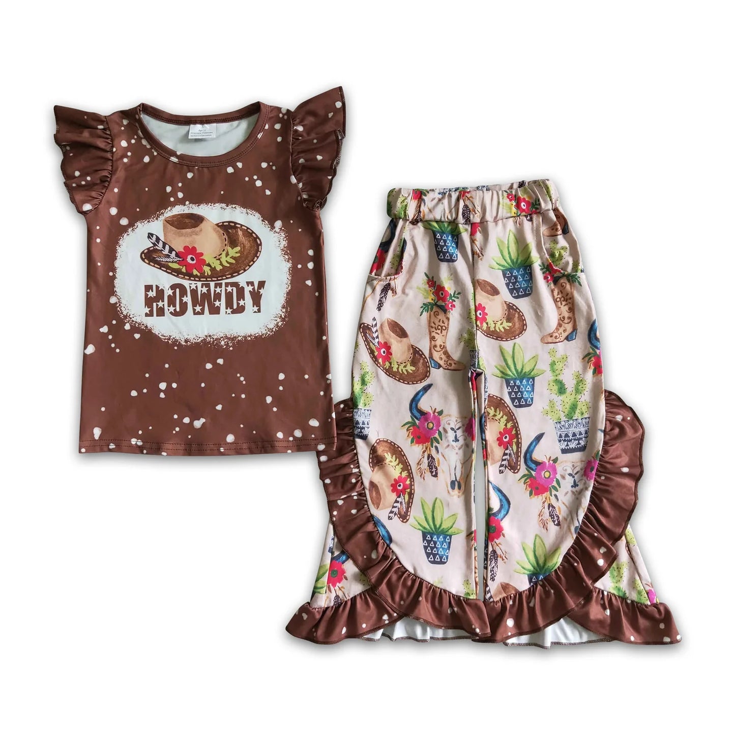 10.10 RTS Sibling Baby Girls Western Howdy Bull Skulls Shirts Ruffle Bell Bottom Pants Clothes Sets