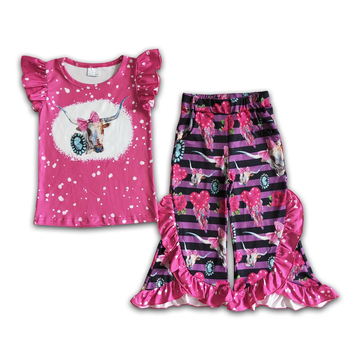10.10 RTS Sibling Baby Girls Western Howdy Bull Skulls Shirts Ruffle Bell Bottom Pants Clothes Sets