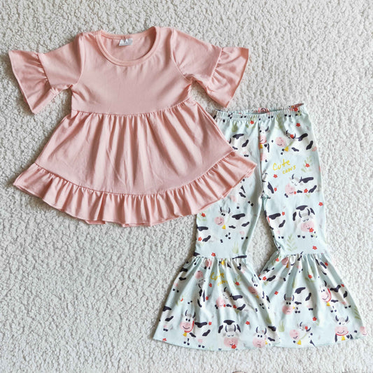 GSPO0115  Baby girls cow hi-low tunic bell pants clothes sets