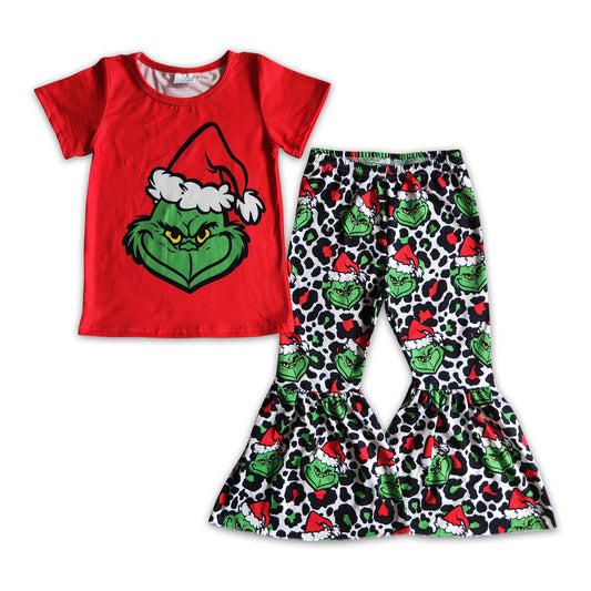 10.18 GSPO0162  RTS No Moq Promotion Baby girls Christmas green cartoon red bell pants sets