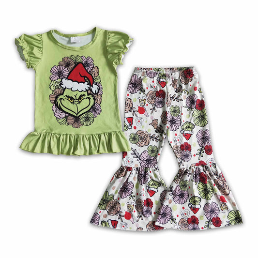 10.18 GSPO0179 RTS No Moq Promotion baby girls Christmas cartoon green bell pants sets