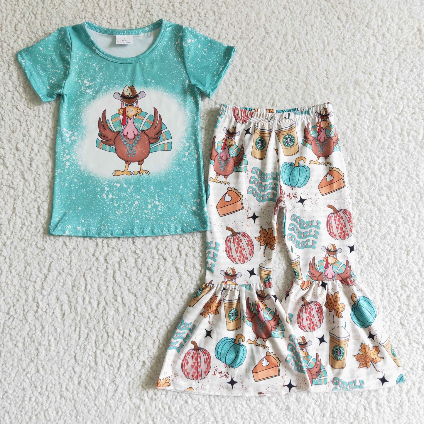 GSPO0195 baby girls thanksgiving blue turkey bell bottom pants sets