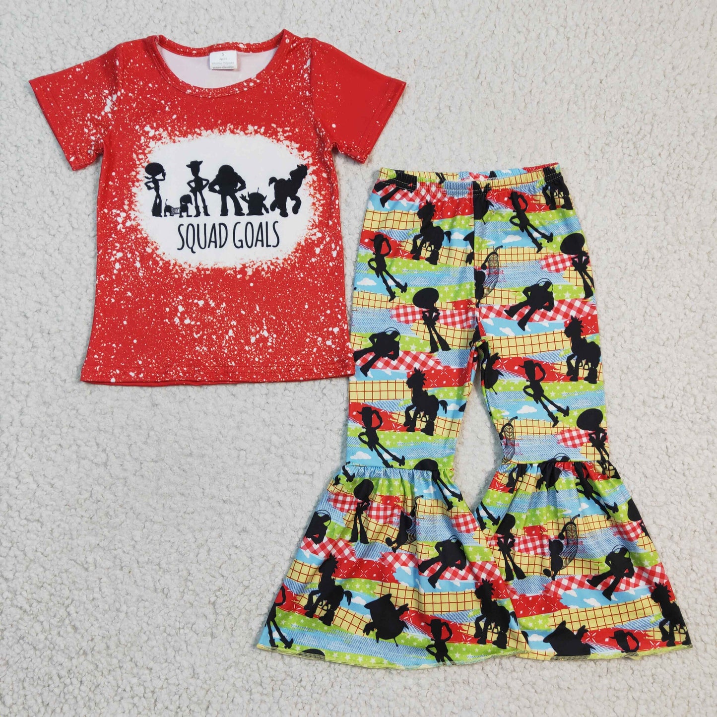 3.21 GSPO0337 RTS No Moq Promotion Baby Girls Short Sleeve Red Shirt Bell Pants sets