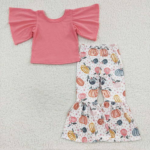 9.17 RTS Sibling Baby Girls Bows Flowers Pumpkins Tunic Leggings Bell Bottom Pant Fall Clothes Set