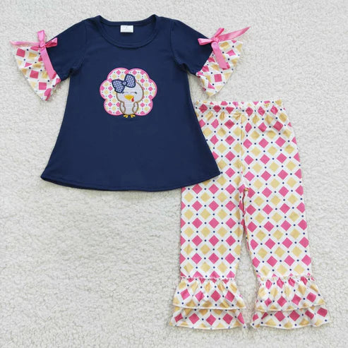 9.19 RTS Sibling Baby Girls Embroidery Turkey Tunic Checked Pants Thanksgiving Clothes Sets Rompers