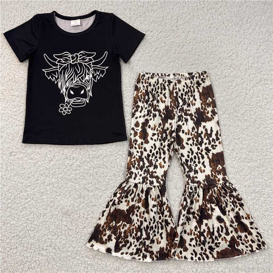 USA Warehouse (IN STOCK) GSPO0686 Girls Highland Cow Top Bell Bottom Pants Outfit Cute Animal Themed Clothing Set for Kids