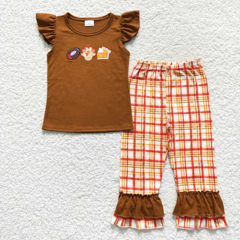 9.22 RTS Sibling Baby Boys Girls Embroidery Turkey Pie Short Sleeves Pants Thanksgiving Clothes Sets