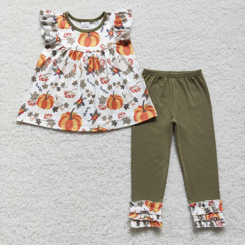 9.17 RTS Sibling Baby Girls Bows Flowers Pumpkins Tunic Leggings Bell Bottom Pant Fall Clothes Set