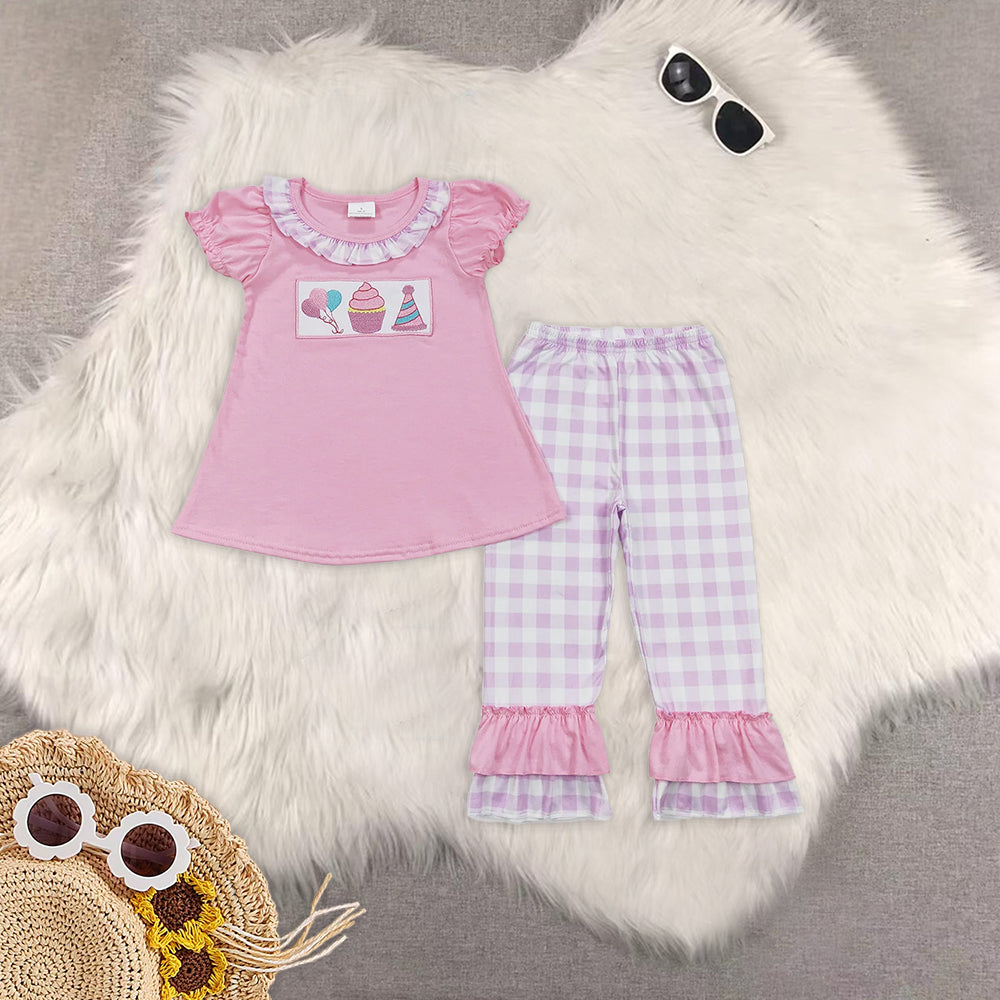 8.16 RTS Sibling Pink balloon cake tunic plaid pants happy birthday girls clothes tops dress