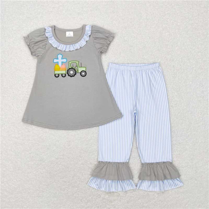 6.16 RTS NO MOQ Eggs cross truck tunic ruffle pants girls boys easter clothing