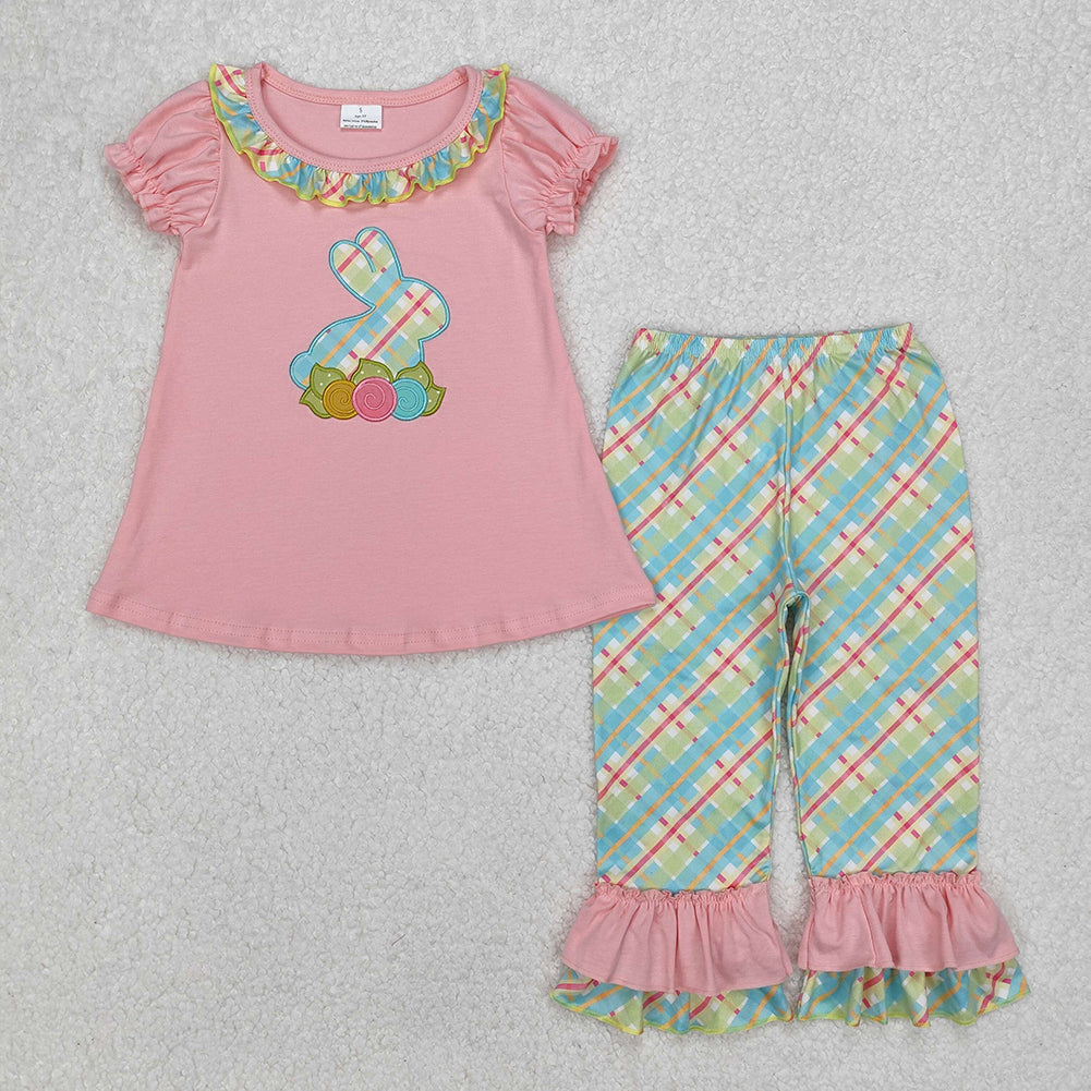 GSPO0974Girls Pink Floral Rabbit Tunic Ruffle Pants Outfit Easter Themed Children's Clothing Set