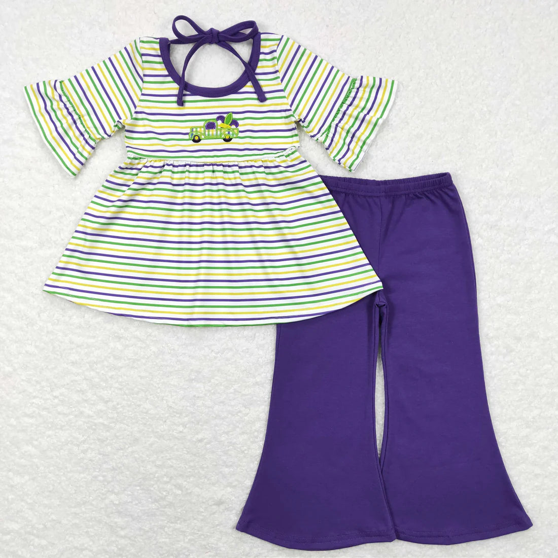 10.22 RTS Sibling Baby Boys Girls Embroidery Truck Anchors Stripe Mardigras Clothes Sets Footie Rompers