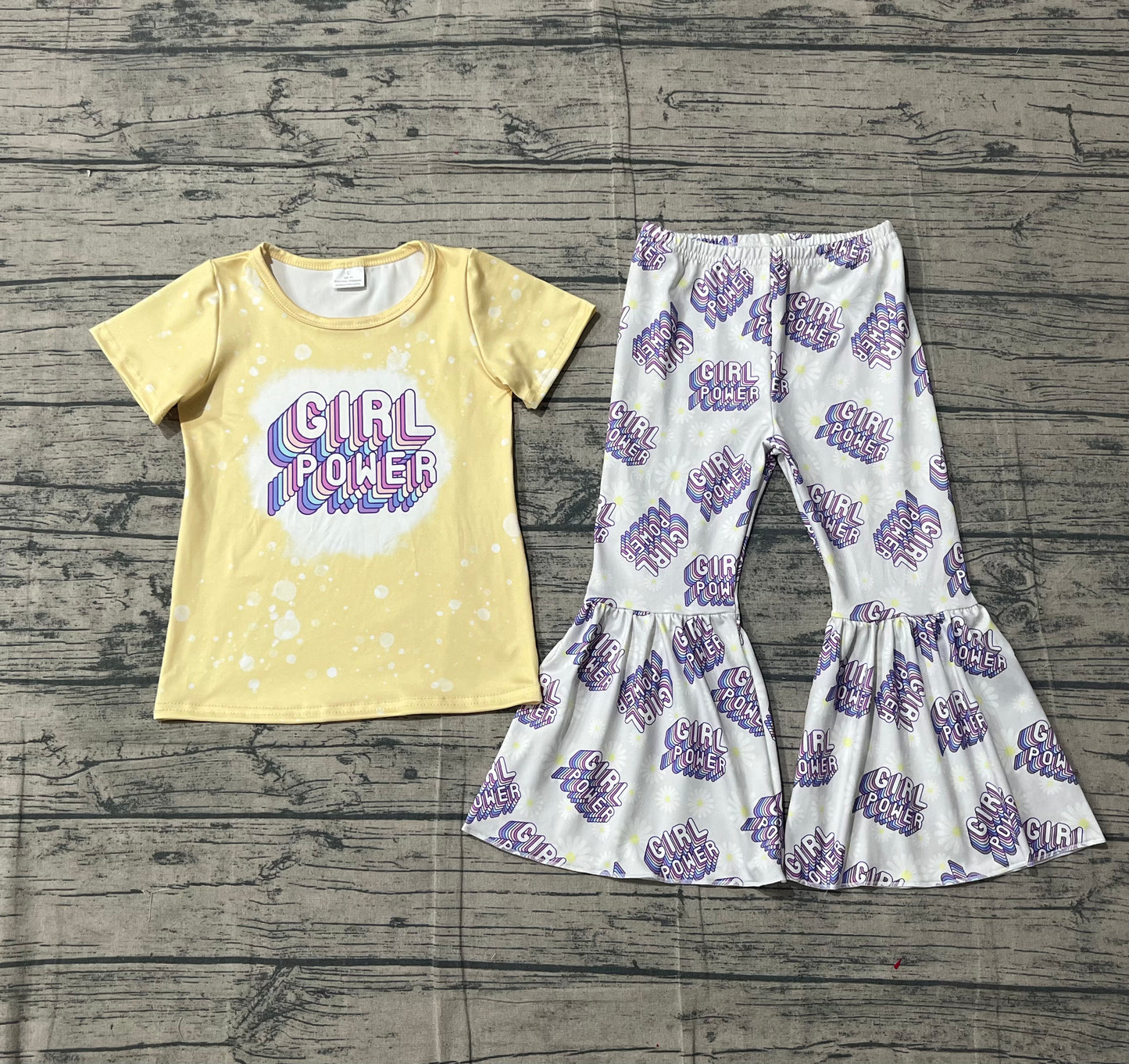 1.5 GSPO1092 Smple No Moq Baby Girls Power Short Sleeve Tee Shirts Flare Bell Pants Clothes Sets