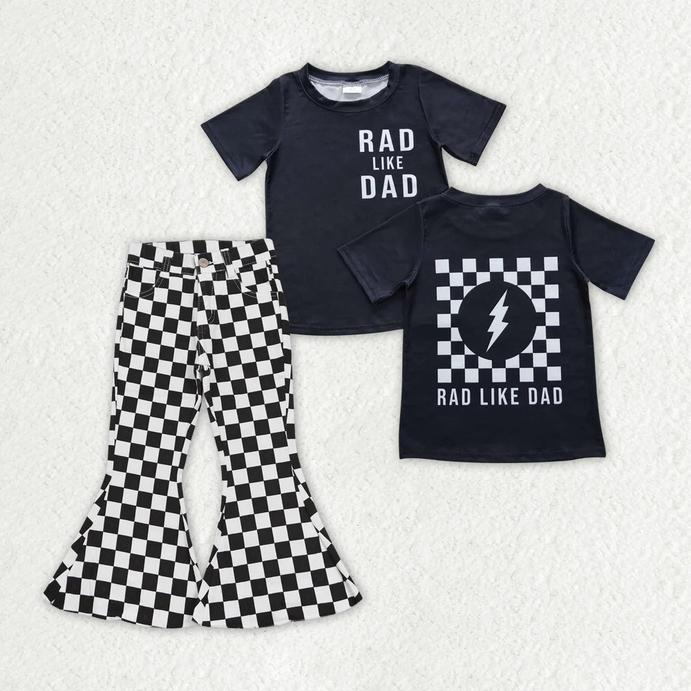 12.20 RTS Sibling Baby Girls Rad Like Dad Back Print Top Checked Bell Bottom Denim Pants Clothes Sets