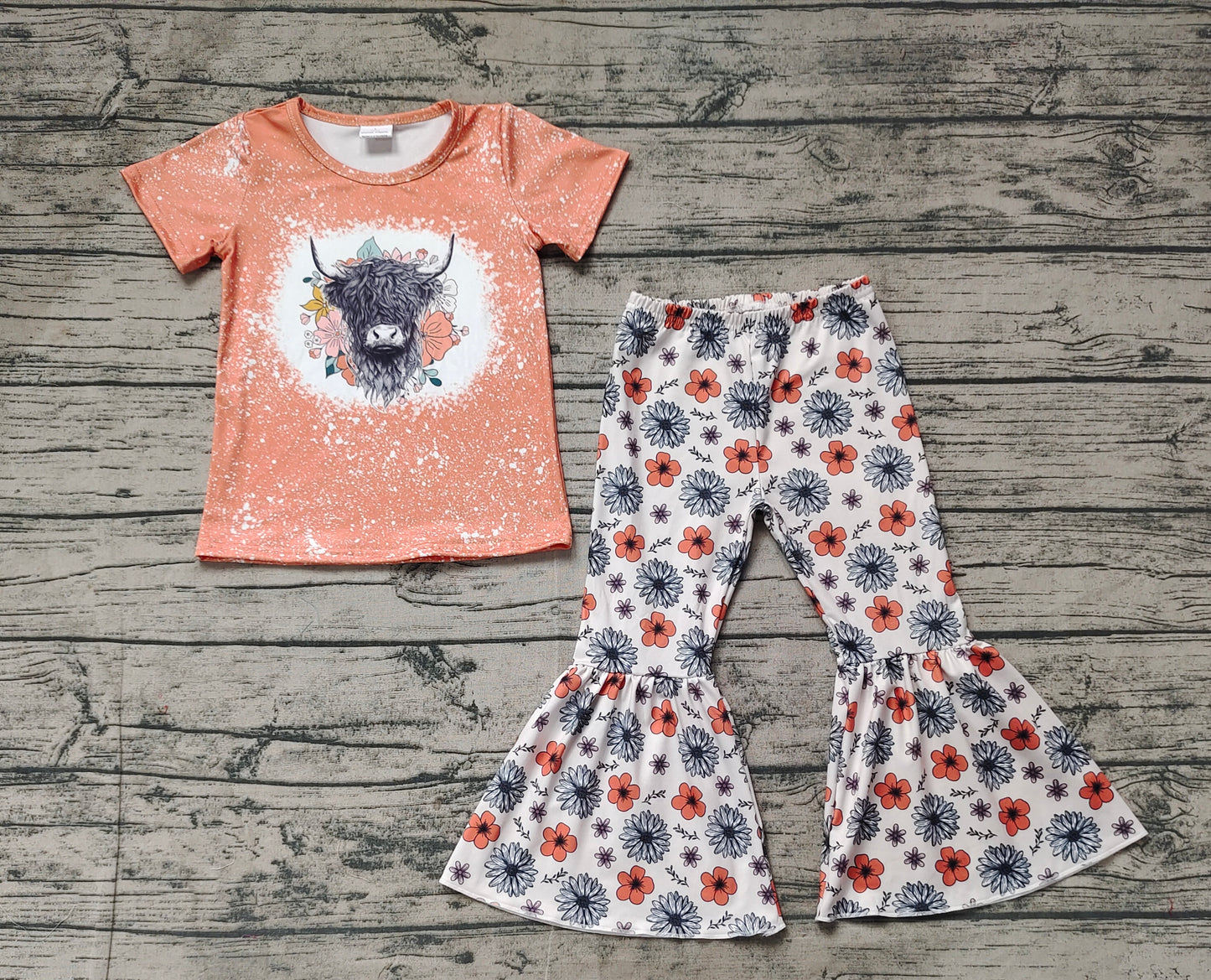 Baby Girls Highland Cow Flowers Short Sleeve Shirt Bell Pants Clothes Sets Preorder