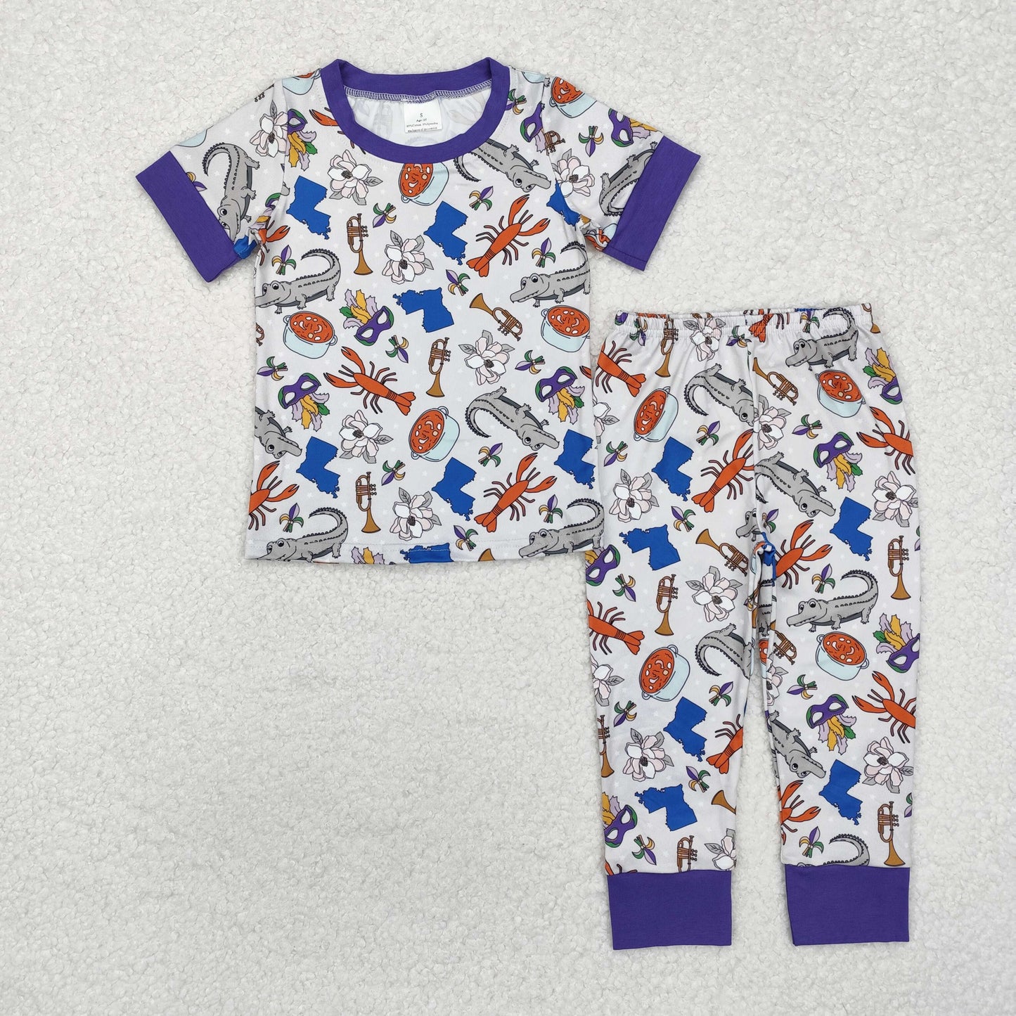 GSPO1758 Purple alligator crawfish baby kids Mardi Gras pajamas