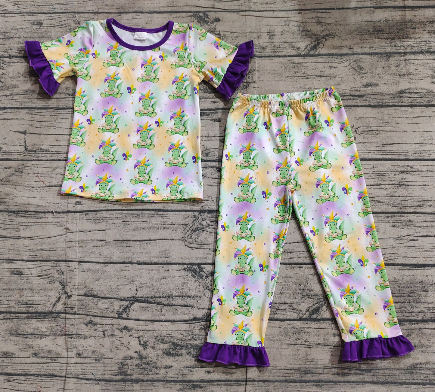GSPO1766Purple short sleeves alligator kids girls Mardi Gras pajamas