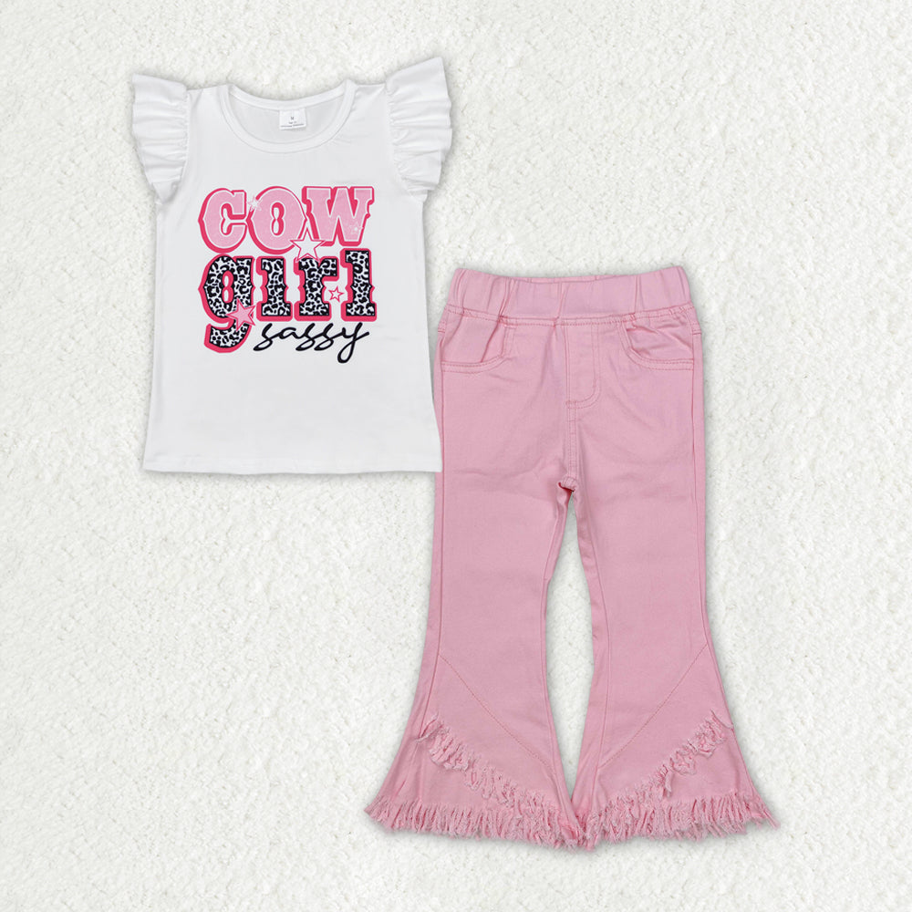 GSPO1817 Baby Girls Western Cowgirl Sassy Shirt Top Pink Fringe Denim Jeans Pants Clothes Sets