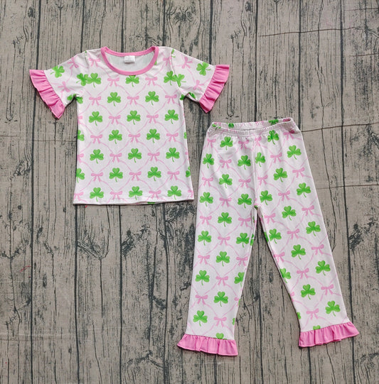 10.29 GSPO1838 Sample No Moq Baby Girls Bows Clovers Checked Top Ruffle Pants St Patrick Pajamas Sets