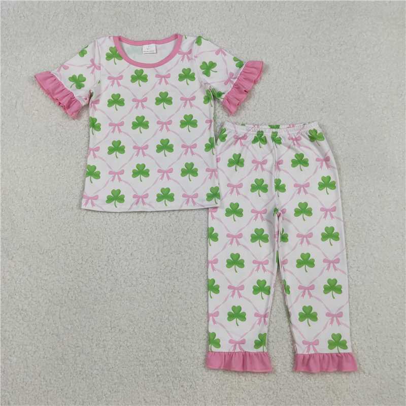 11.26 RTS NO MOQ (In stock)GSPO1838 Baby Girls Bows Clovers Checked Top Ruffle Pants St Patrick Pajamas Sets