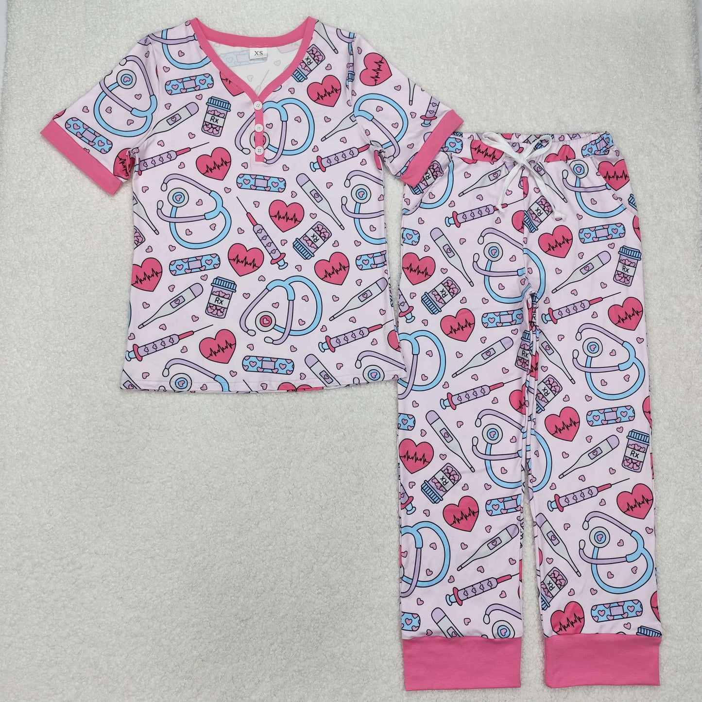 GSPO1861Adult Women Valentines Heart Nurse Tops Pants Pajamas