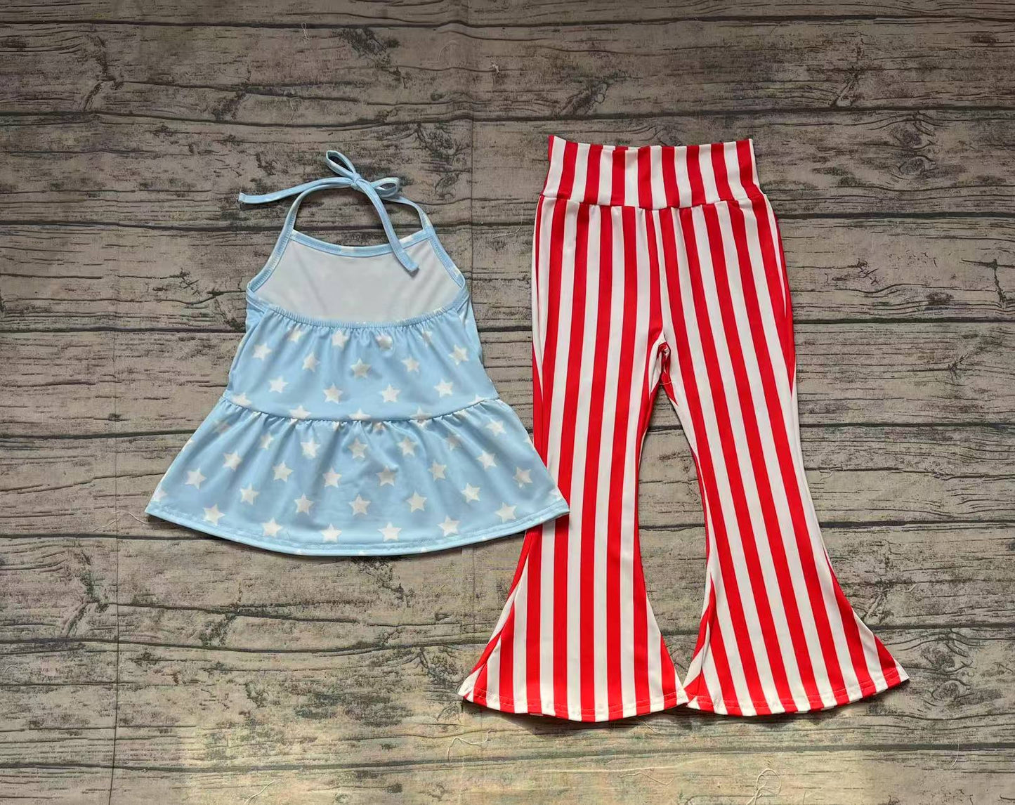 GSPO1974Light blue stars halter top stripe pants girls 4th of july clothes