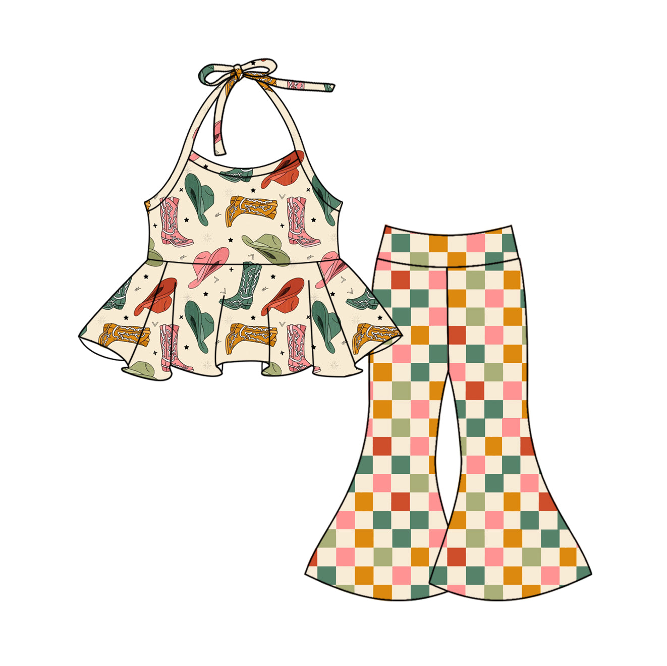 GSPO1985Boots hat halter top plaid bell bottom pants western girls set