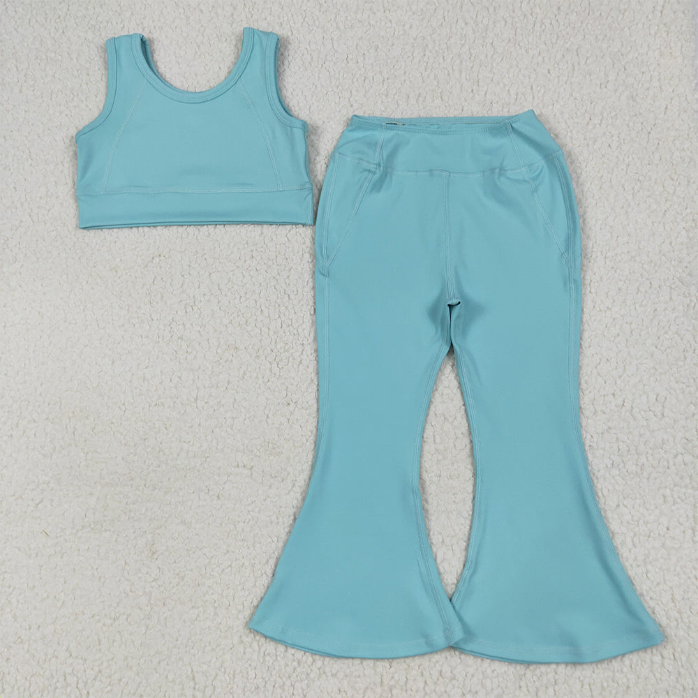 RTS NO MOQ (In stock)GSPO2004 Baby Girls Yoga Outfits Baby Girls Aqua Yoga Vest Bell Bottom Pants Active Wear Clothes Sets