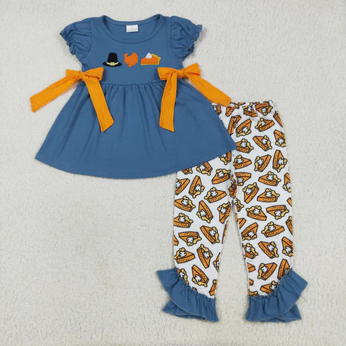 9.22 RTS Sibling Baby Boys Girls Embroidery Turkey Pie Short Sleeves Pants Thanksgiving Clothes Sets