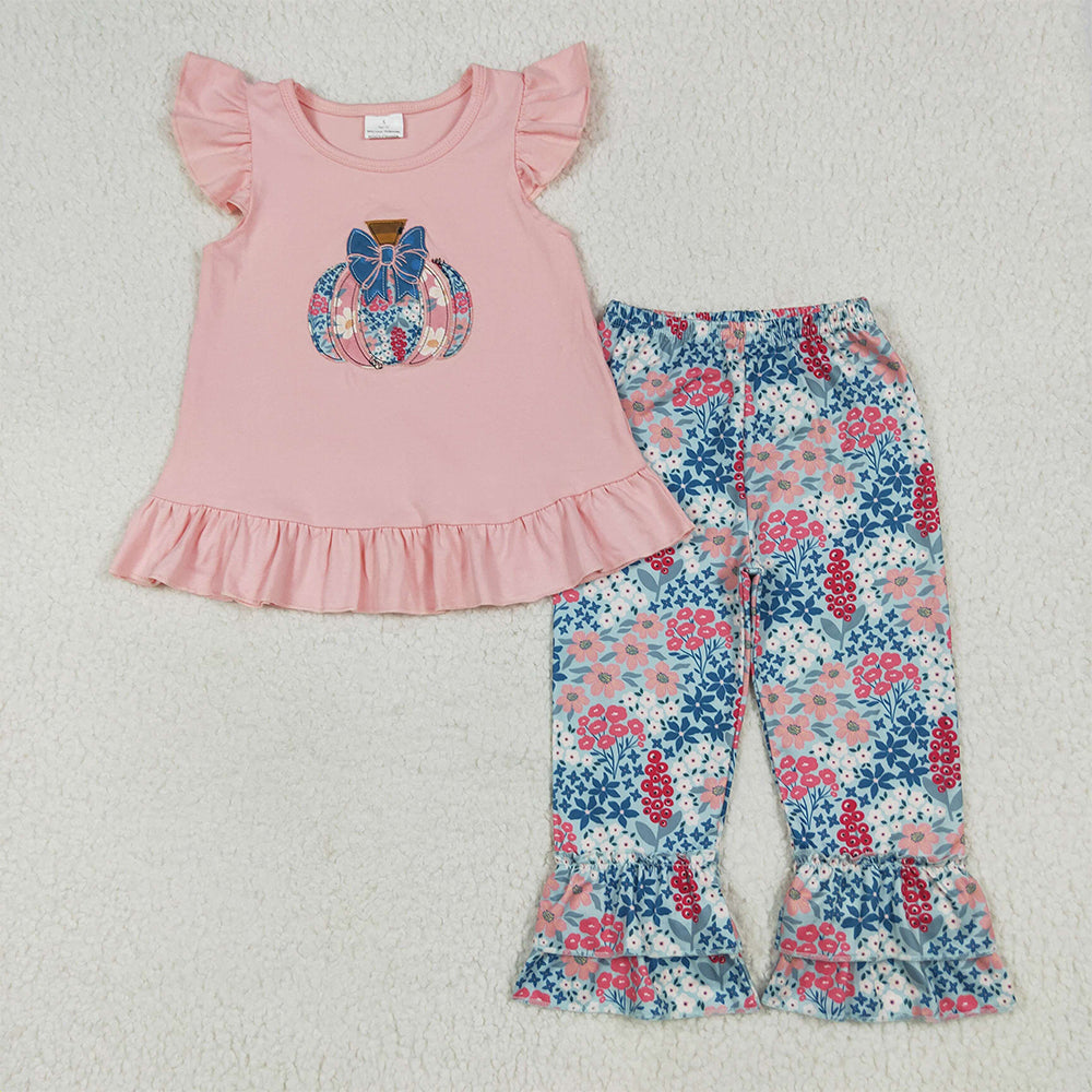 8.15 GSPO2032RTS NO MOQ Baby Girls Spring Outfits Baby Girls Pink Flutter Sleeves Floral Pumpkin Tunic Ruffle Pants Set