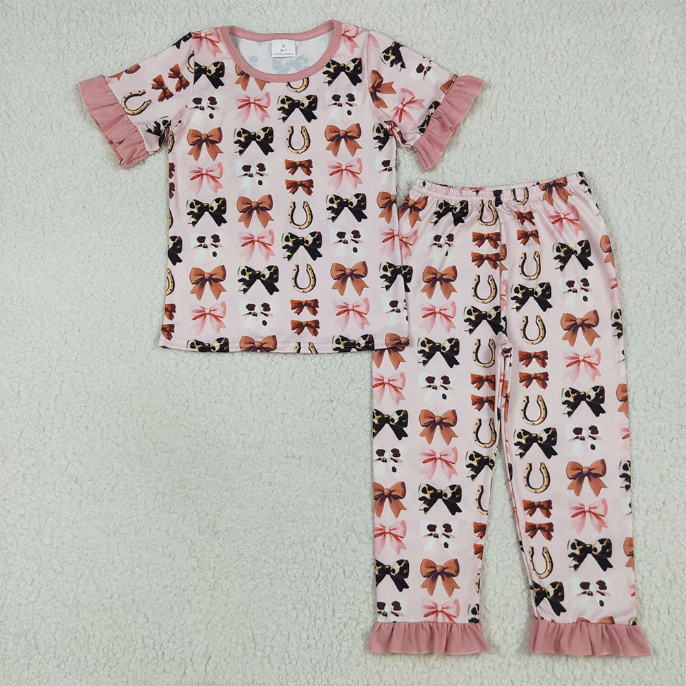GSPO2035RTS NO MOQ Baby Girls Spring Outfits Baby Girls Pink Short Ruffle Sleeves Bows Horse Shoes Top Pant Pajamas Set