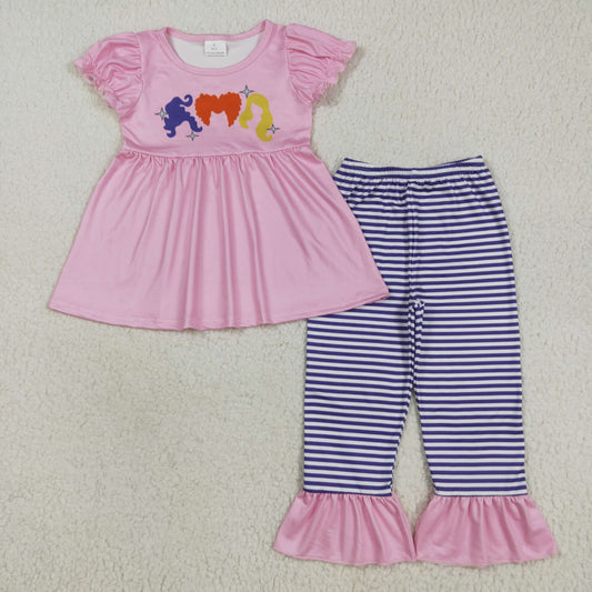 RTS NO MOQ (In stock)GSPO2043 Baby Girl Autumn Outfits Baby Girls Pink Halloween Princess Hair Tunic Stripe Ruffle Pants Sets
