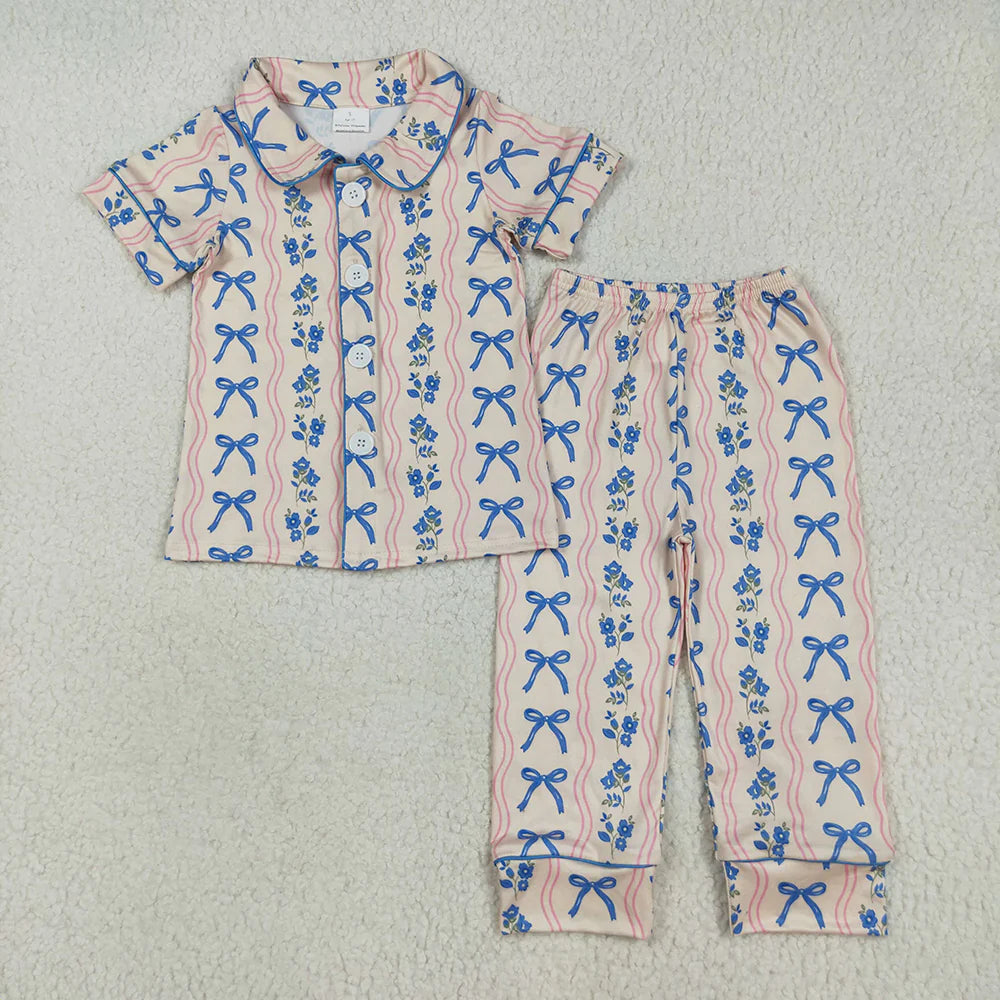 10.2 RTS Sibling Baby Girls Blue Bows Flower Stripe Rompers Pajamas Sets