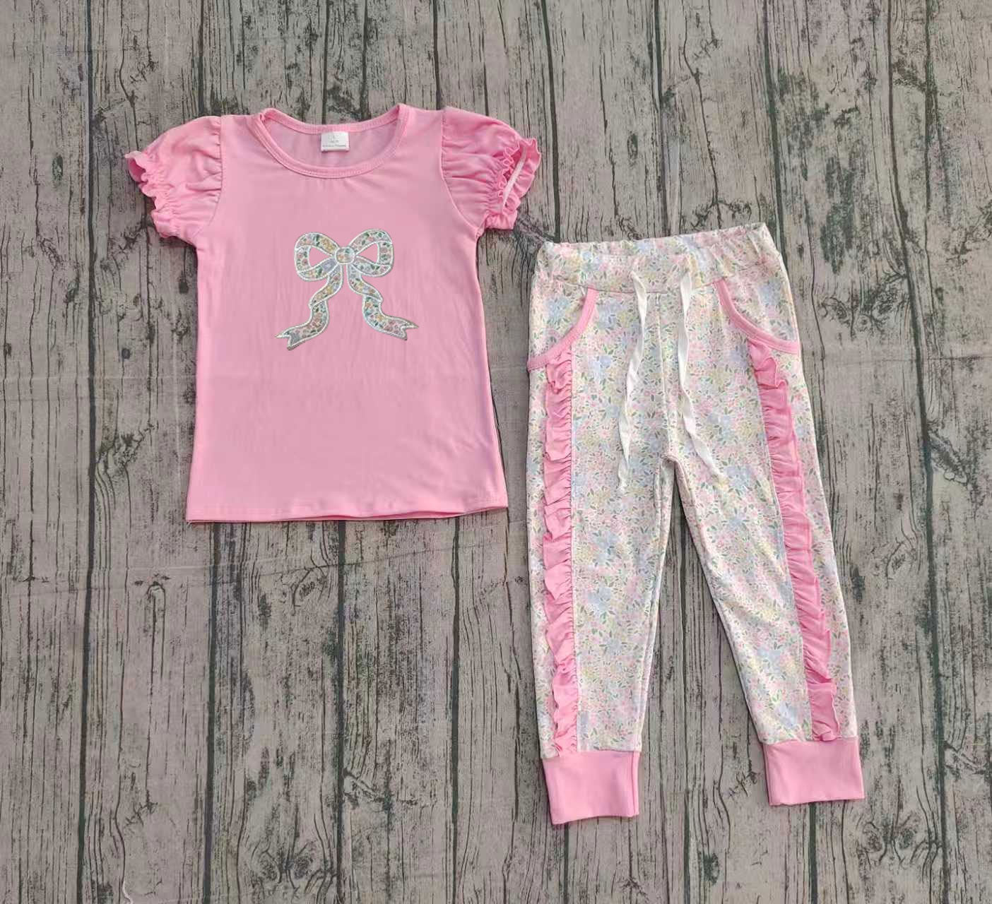 10.17 GSPO2060 Sample No Moq Embroidery Floral Bows Baby Girls Pockets Ruffle Leggings Set