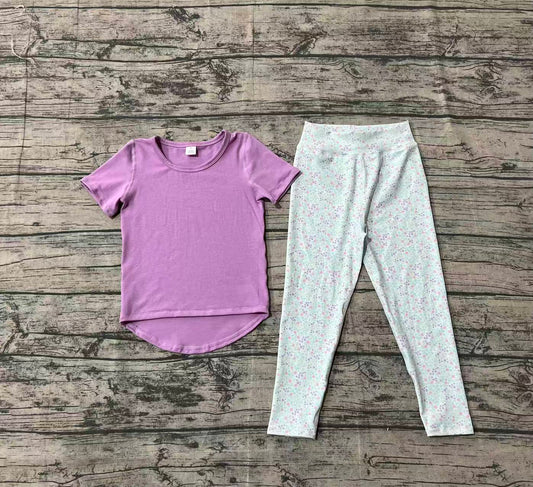 9.18 GSPO2067 Sample No Moq Fast Coming Baby Girls Lavender Short Sleeve Top Legging Pant Yoga Set