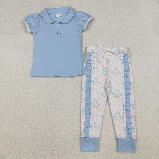 10.11 RTS NO MOQ (In stock)GSPO2069 Baby Girls Blue Button Shirts Top Floral Ruffle Leggings Clothes Sets