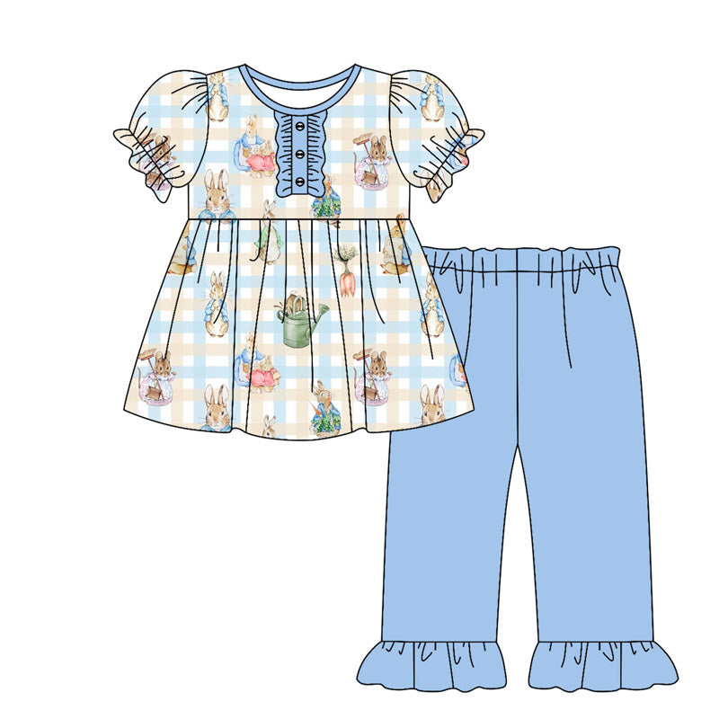 9.27 GSPO2094 Pre order No Moq Baby Boys Blue Checked Rabbits Tunic Ruffle Pants Easter Clothes Sets