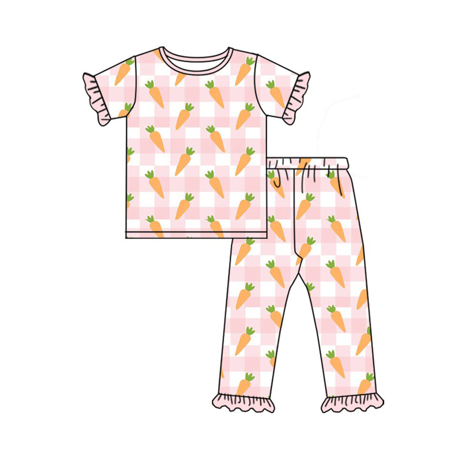 9.29 GSPO2096 Pre order No Moq Baby Girls Pink Checked Carrots Top Ruffle Pants Easter Pajamas Sets