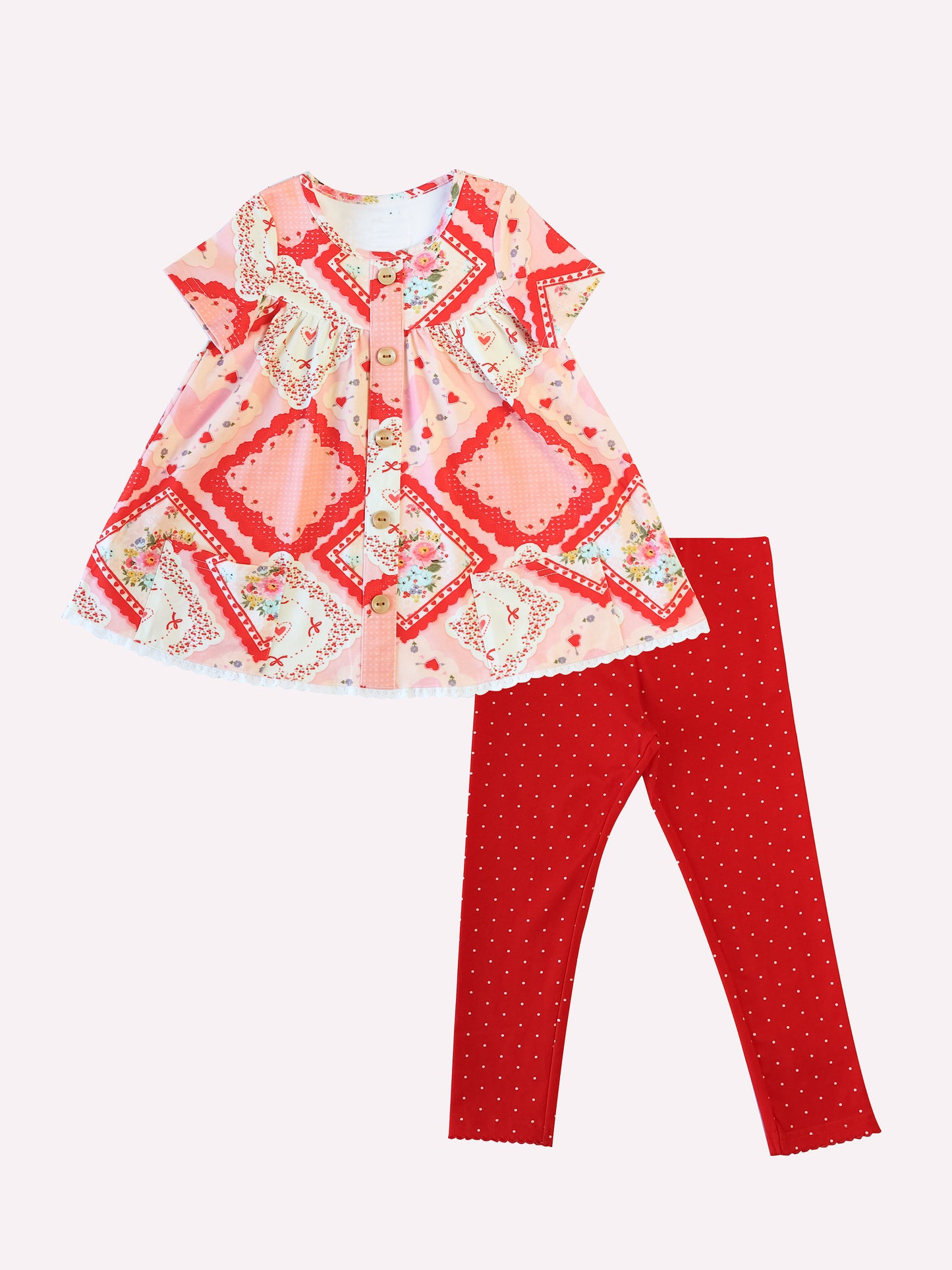 10.2 GSPO2098 Pre order No Moq Baby Girls Red Flowers Button Pockets Tunic Polka Dots Leggings Valentine Clothes Sets